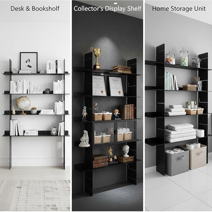 4 Tier Floating Wall Shelf, Metal Wall Mounted Book Shelf, Easy Install Metal Shelf, Heavy Duty Display Rack for Books, Decor, Bedroom, Living Room, Office (Black)