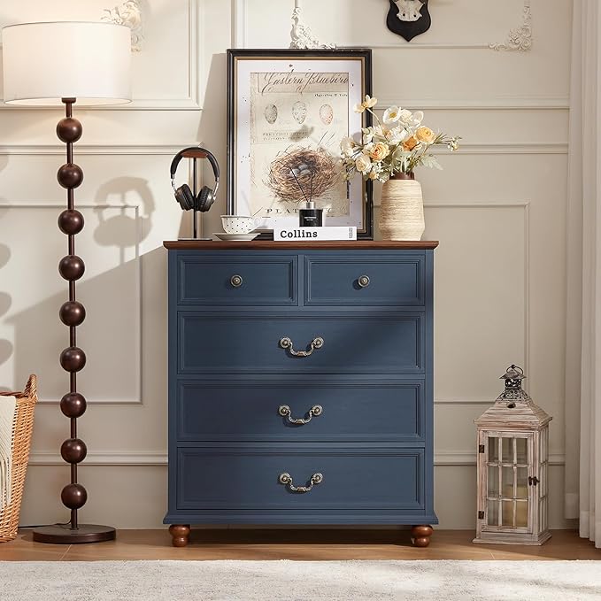 Farmhouse 5 Drawer Dresser for Bedroom, 35" Tall Rustic Chests of Drawers w/ 4 Solid Wood Feet, Mid Century Modern Wooden Closet Storage Dressers Organizer for Living Room, Hallway,Blue