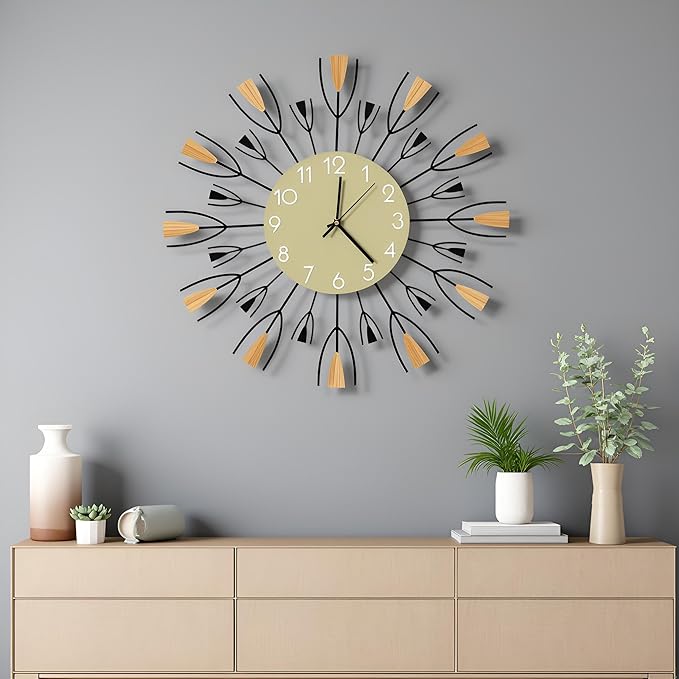 24 Inch Large Modern Wall Clock – Mid Century Sunburst Decorative Silent Non-Ticking Battery Operated Metal Analog Clocks for Living Room, Entryway, Bedroom, Office