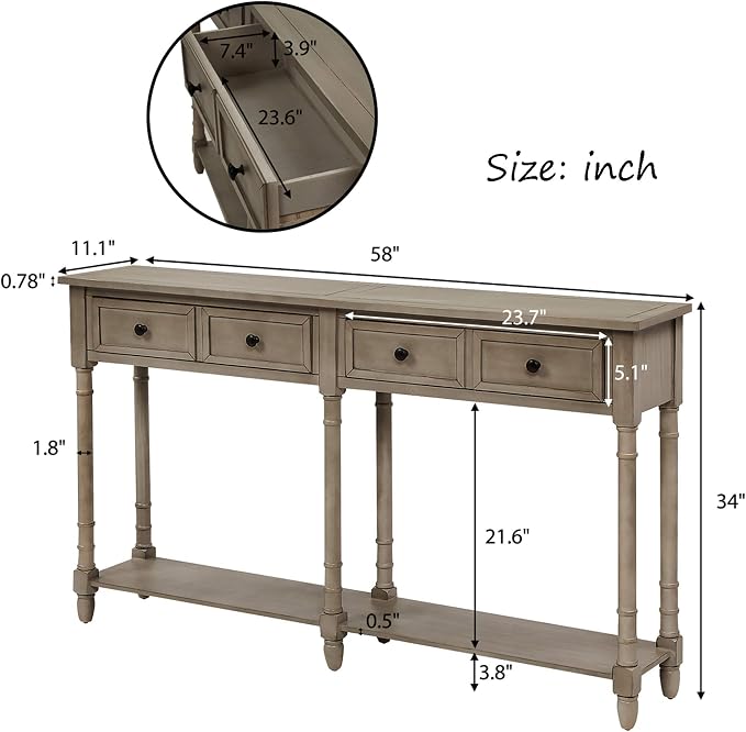 Merax Retro Console Table Sofa Table for Entryway with Drawers and Shelf Living Room Table (Grey Wash)