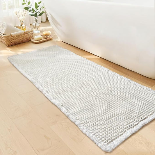 White Long Bathroom Rugs, Waffle Runner Bath Mat Non Slip Washable, Super Absorbent & Quick Dry, Boho Bath Mat Farmhouse Bathroom Decor, 24'' x 60'', White