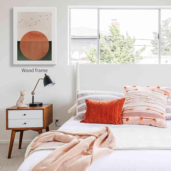 Wrapped Framed Japanese Minimalist Sunset With Bird Wall Art Nature Geometric Abstract Poster Modern Mid Century Eclectic Canvas Prints for Living Room Gallery Home Decor 12x16 inch