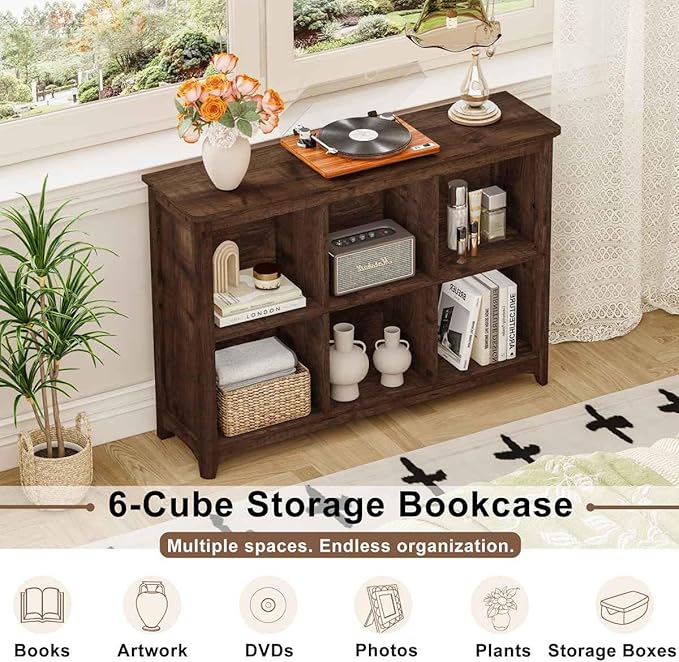 BON AUGURE 6 Cube Storage Bookshelf, Horizontal Wooden Bookcase with Curved Edge, Floor Standing Cubby Organizer for Living Room, Bedroom & Home Office (Rustic Oak)