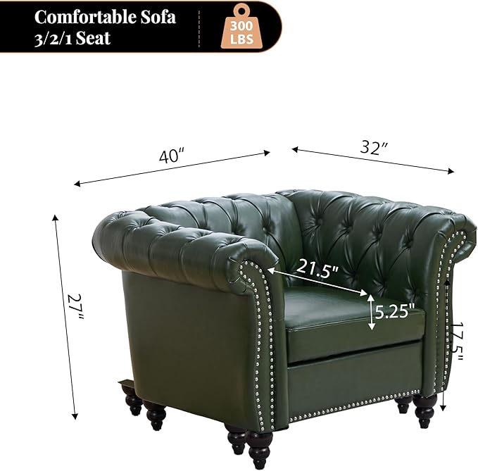 LEVNARY Chesterfield Armchair, Tufted Leather Accent Chair, Mid-Century Modern Single Chair with Rolled Arms and Nailhead Trim, PU Leather Reading Chair for Living Room (Green)