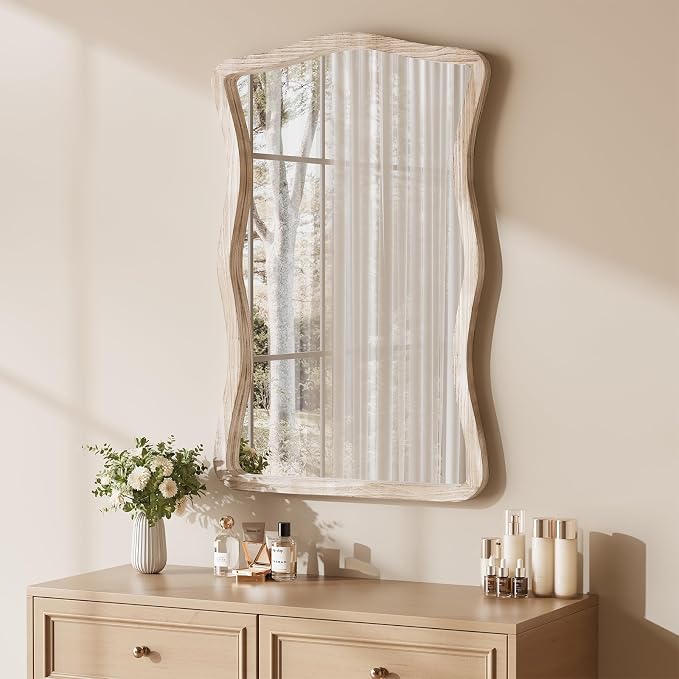 ULIKE Wavy Wall Mirror for Bathroom, 24x36 Wood Frame Mirror for Over Sink, Rustic Wall Mirrors Decorative and Vanity Mirrors for Bedroom Living Room Entryway, White
