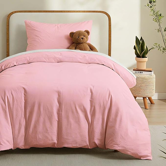 LOVQUE Pink Cotton Duvet Cover Twin Size, Linen Like Natural Bedding Set with Zipper Closure (No Comforter), 68x90 Inches