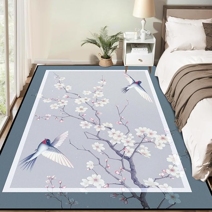 Cherry Blossom Area Rug 3D Swallow Sakura Floral Rugs for Entryway Bedroom Living Room Kitchen Home Decor Soft Non Slip Indoor Carpet Washable Low Pile Floor Mat,6'x9'