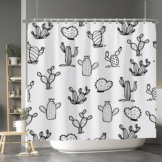 Baocicoo Cartoon Cactus Shower Curtain Tropical Plants Mexican Texas Minimalism Black and White Decorative Artistical Shower Curtains for Home Bathtubs Bath Waterproof Fabric with Hooks 84x72 Inches