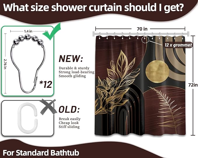 Dark Brown and Black Shower Curtain Boho Mid Century Gold and Brown Shower Curtains for Bathroom Decor, Waterproof Cloth Fabric with Hooks, 70" W x 72" L