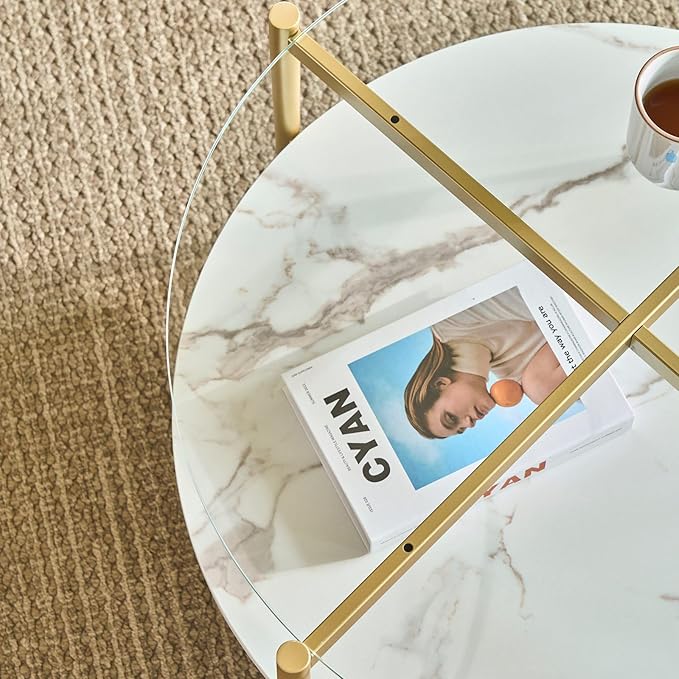 AGV LIGHTING 30" Round Glass Coffee Table,Mid-Century Modern Coffee Table for Living Room, Glod Finish Leg,2-Tier,Tempered Glass Top with White Marble MDF Shelf