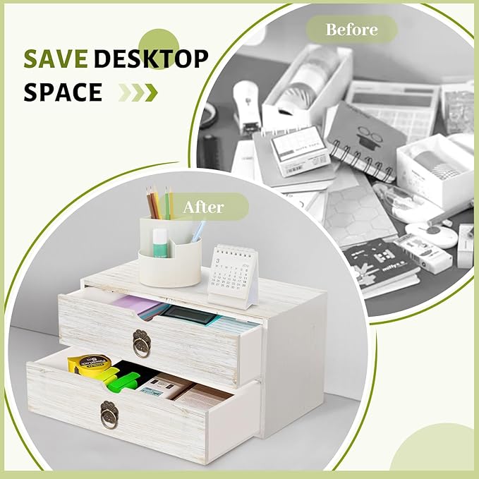 Wood Desk Organizer, White Wooden Desktop Organizer with Drawer, Tabletop Storage Organization Box for Countertop, Home Office Supplies, Bills (2 Drawer)