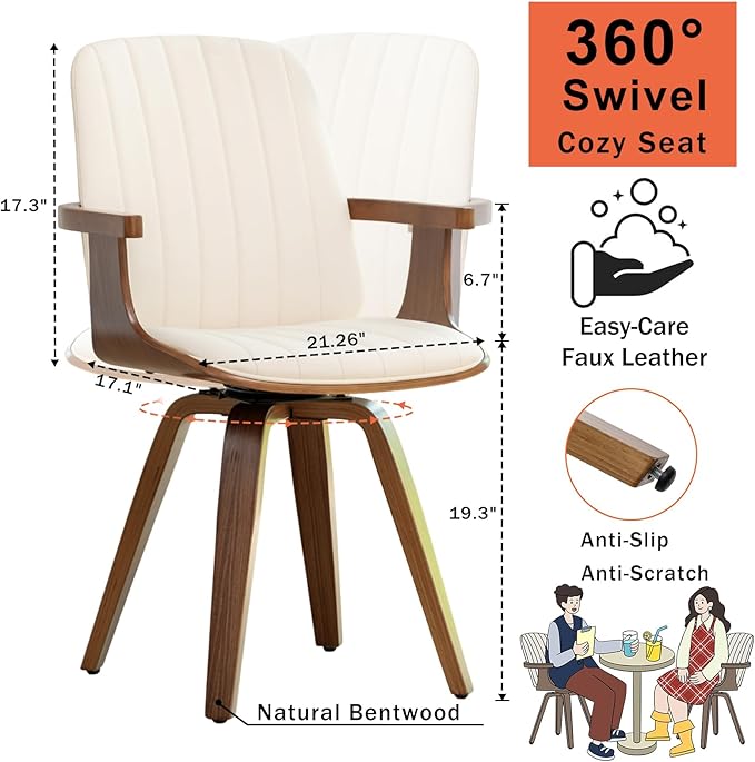 Swivel Dining Chairs Set of 6, Mid Century Modern Dining Chairs with Walnut Craftsmanship, Upholstered Faux Leather , Wooden Arms and Legs, Kitchen Chairs with Arms for Kitchen/Living Room - Beige