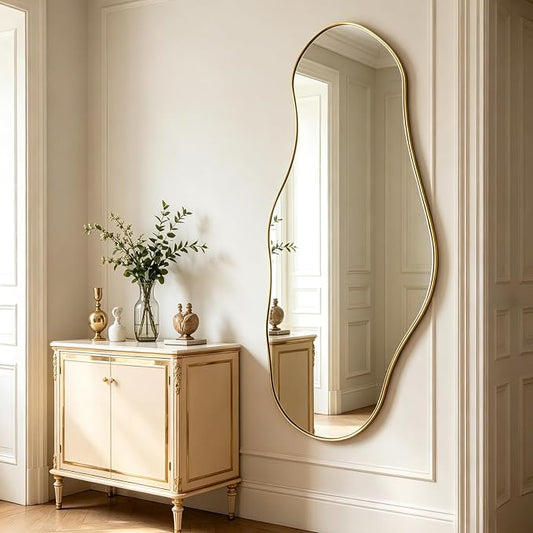 Irregular Mirror, 47"x20.5" Asymmetrical Decorative Accent Mirror with Black Metal Frame, Large Organic Shape Mirrors for Entryway Bedroom Living Room, Horizontal or Vertical Hangin