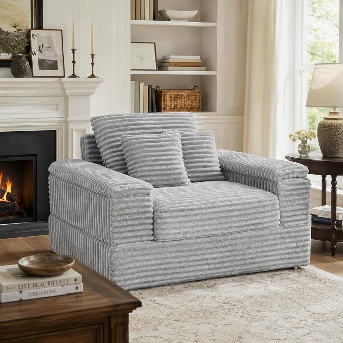 Eafurn 43.3" Oversized Accent Chaise Lounge Chair with Ottoman, Modern Corduroy Upholstered Convertible Recliner Armchair Sleeper Lounge Chair with Wood Frame for Living Room Apartment
