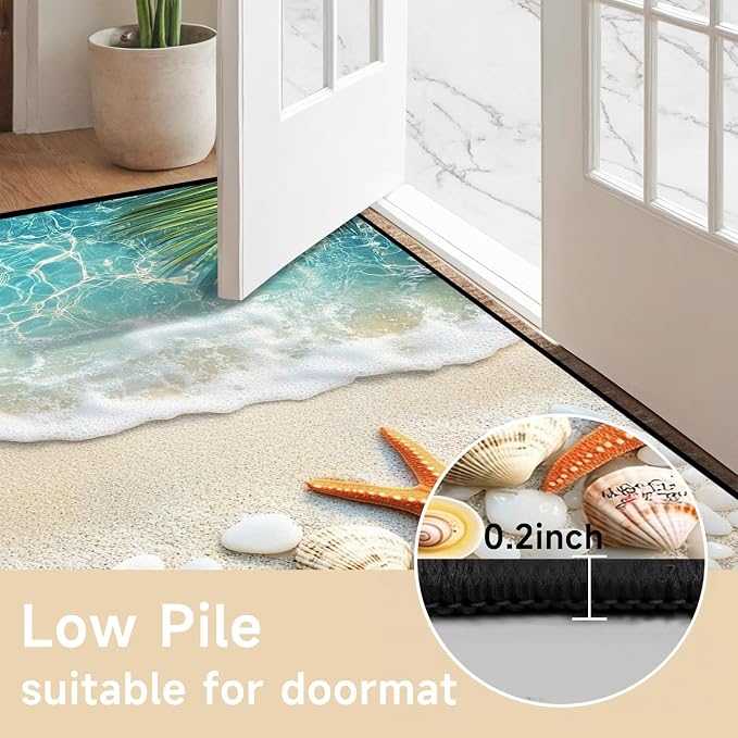 5'x7' Beach Rug Starfish Seashell Area Rugs for Bedroom Living Room Kitchen Nursery Playroom Home Decor Ocean Sea Wave Carpt 3D Non Slip Washable Throw Rug Coastal Seaside Floor Mat