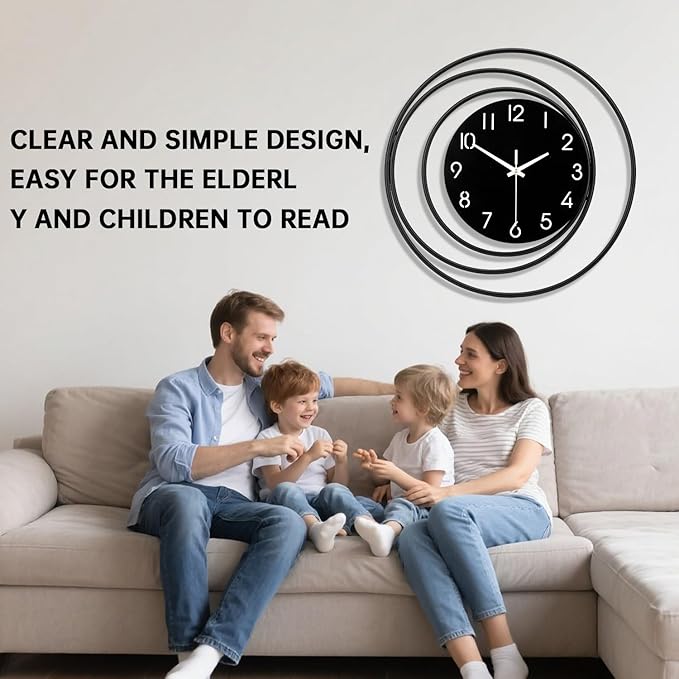16inch Decorative Wall Clock, Silent Non-Ticking Quality Quartz Battery Operated, Large Wall Clock for Living Room Kitchen Home Bathroom Bedroom Wall Decor, Black