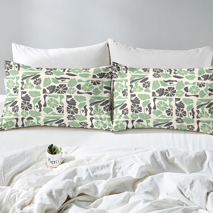 Erosebridal Boho Abstract Colorful Floral Duvet Cover King Mid Century Modern Abstract Geometric Bedding Set Vintage Retro Patchwork Green Flower Comforter Cover Botanical Geometric Aesthetic Bed Set