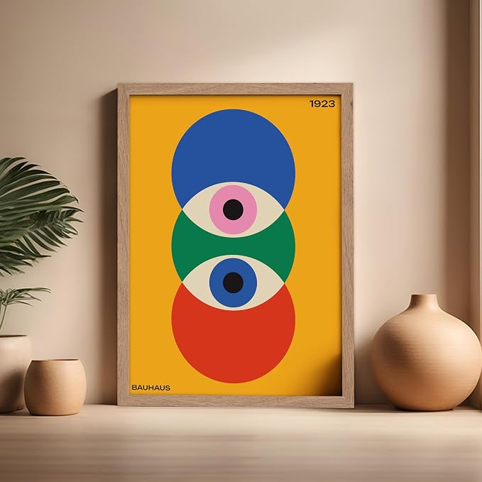 Poster Master Bauhaus Poster - Abstract Eyes Print - Graphic Design Art - Eye Art - Geometric Art - Chic Boho Art - Mid Century Modern Art - Living Room or Bedroom Wall Decor - 16x20 Beige Framed