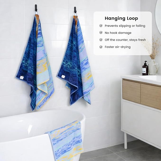 SEMAXE Bath Towel Set of 8 Include 2 Bath Towels, 2 Hand Towels, 4 Washcloths, 100% Cotton Bathroom Towels with Hanging Loops and Nano-Bio Lifecycle Labels,Colorful Towel - The Starry Night Collection