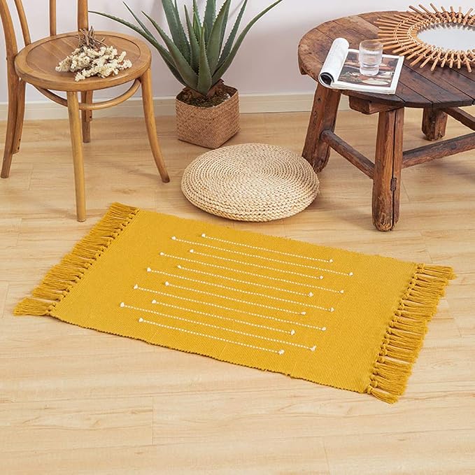 Bohemian Geometric Mustard Area Rug, 2'x3' Yellow, Machine Washable, Non-Slip, Low Pile, Hand Woven Cotton
