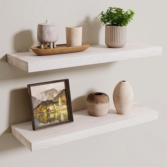 Axeman Floating Shelves - 24''W x 8''D Rustic Solid Elm Wood Wall Shelves for Storage, Wall Mounted Display Shelving with Invisible Heavy-Duty Metal Bracket (White Wash, 2PCs)