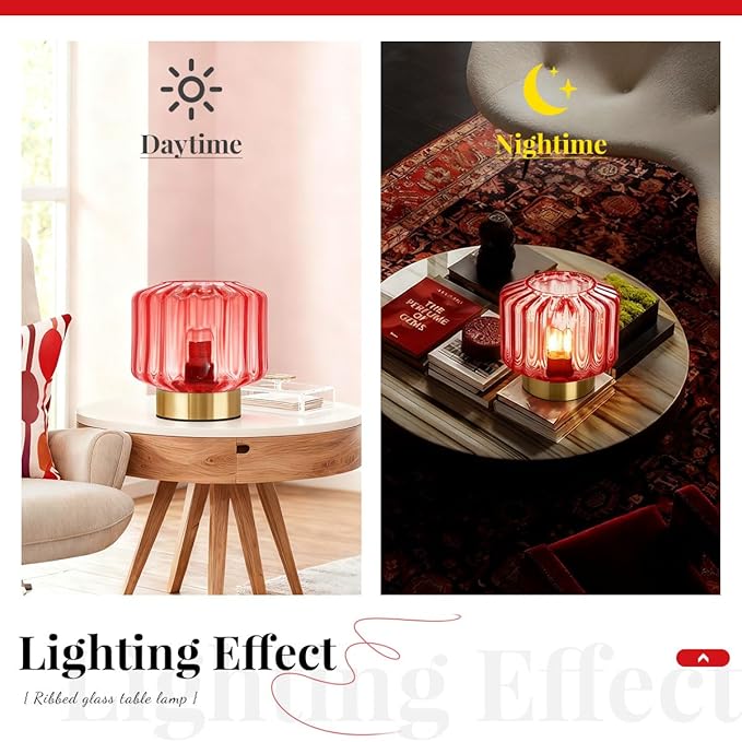 Red Glass Table Light Touch Table lamp Mid Century Modern Table lamp Gold Desk lamp nightstand lamp Vintage Table Lamps Small Table Lamp for Bedside end Table Bedroom Living Room Office