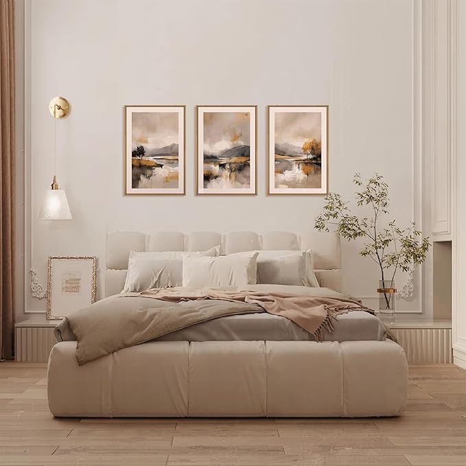 FWIEXA Abstract Landscape Neutral Canvas Wall Art Set, Beige Grey Mountain Framed Wall Decor, 3 Panel 24x36 Inches Watercoler Lake Artwork, Brush Stroke Forest Prints for Living Room, Office, Bedroom