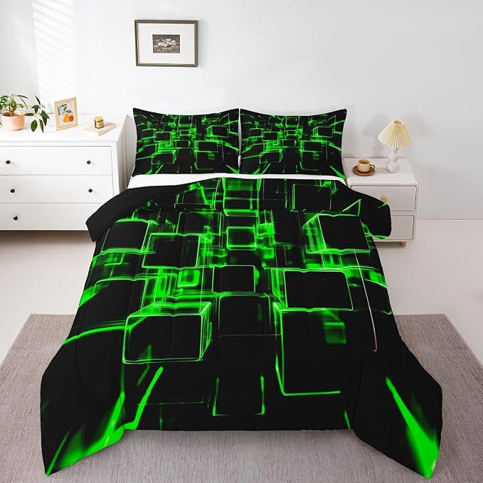 Erosebridal Fluorescent Green and Black Kids Comforter Set, Modern Geometric Square Bedding for Boys Girls Gradient Neon Light Honeycomb Duvet Set Twin 2 Pieces