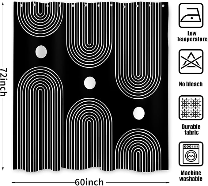 Black and White Shower Curtain, Boho Minimalist Mid Century Modern Arch Geometric Machine Washable Waterproof Fabric for Bathroom Bathtub Decor with Hooks 60Wx72H