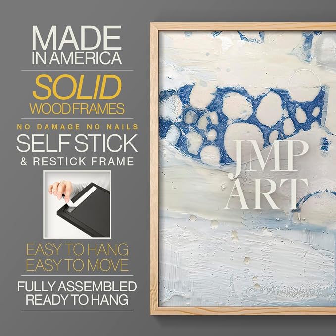 Renditions Gallery Set of 2 Peel & Stick Framed Prints, Textured Abstract Wall Art, Beach Themed Bubble Design Wall Decor, Re-Stickable - Ready to Hang - 22"x28" - NATURAL WOOD Frame LT588