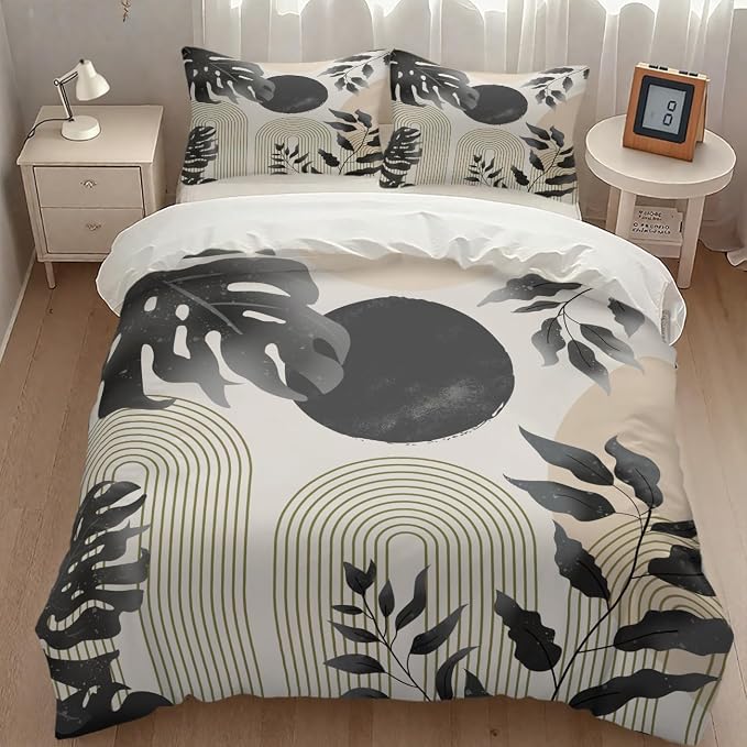Mid Century Leaf Bedding Set,Boho Grey Tropical Plant Palm Leaves Abstract Minimalist Geometic Modern Comforter Set with Pillowcase for Bedroom Bed Decor,Full 79"x90"