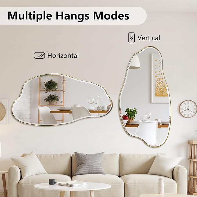 POZINO Large Irregular Beveled Mirror, 53.5"x27" Asymmetrical Wall Mirror with Gold Metal Frame, Organic Shape Mirrors for Entryway Bathroom Bedroom Hallway Living Room, Horizontal or Vertical Hanging