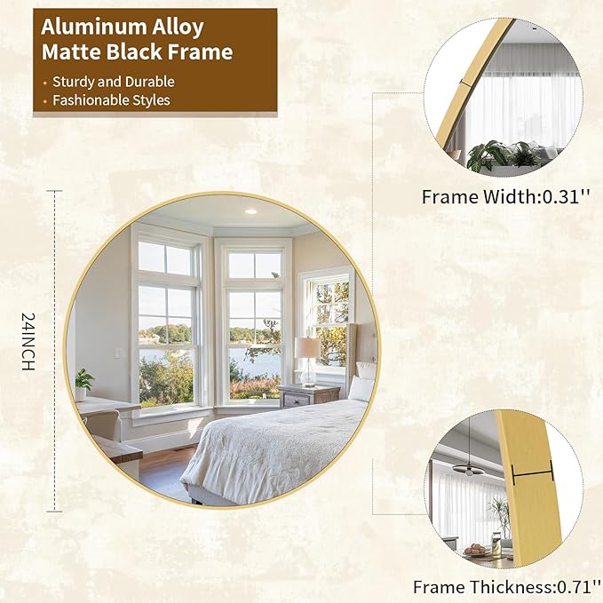 Round Mirror Wall Mounted Mirror - 24" Gold Circle Mirror Bathroom Vanity Mirror with Aluminum Frame for Bedroom Living Room Entryway Decor