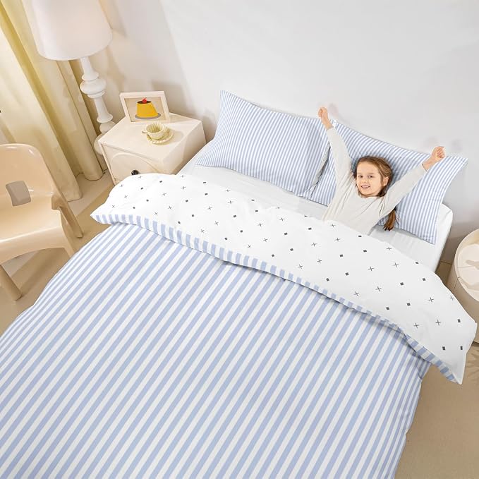Erosebridal Blue White Stripe Duvet Cover King Geometric Ticking Stripes Bedding Set for Kids Teens | Farmhouse Vertical Stripes Quilt Cover Modern Abstract Bed Set with 2 Pillow Cases