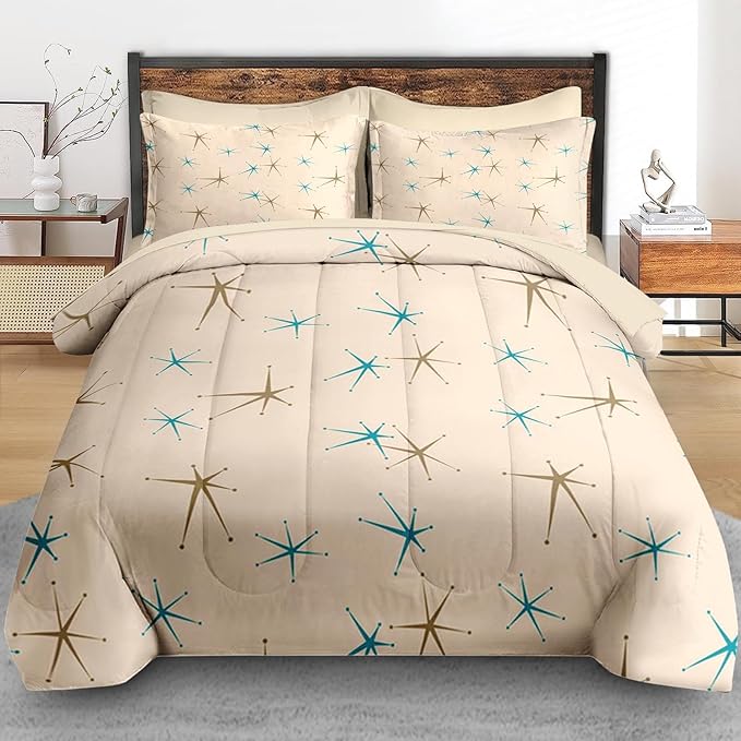 Pamnest Comforter Set Twin Size, Mid Century Vintage Atomic 5 Pcs Bedding for Kids and Adults, Retro Geometric Science Bed Sheet Sets with Fitted Sheet Pillowcase & Sham for Bedroom Bed Decor