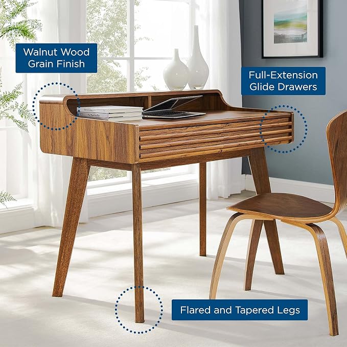 Modway Render Mid-Century Modern Writing Desk in Walnut