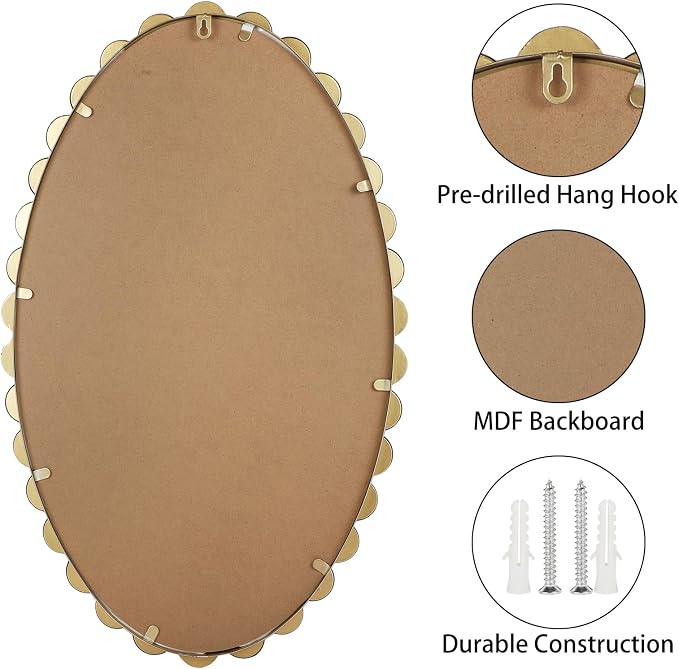 Oval Round Wall Mirror - 30 Inch Decorative Framed Bathroom/Living Room Accent Mirror with Beaded Ball Trim - Vintage Modern Style