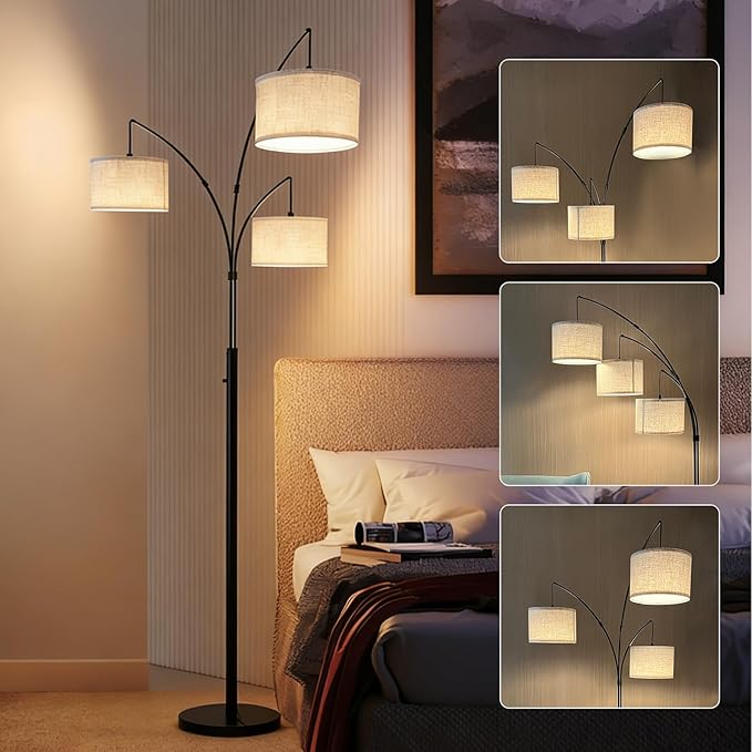 Dimmable Arc Floor Lamp, 3 Lights Floor Lamps for Living Room, 1500LM Rotary Switch Modern Tall Standing Lamp with Beige Shades & Heavy Base, Mid Century Tree Floor Lamp for Bedroom Office