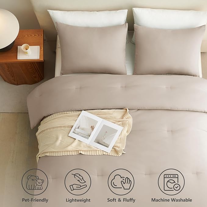 CozyLux Queen Comforter Set Wheat, 3 Pieces Lightweight Comforters Queen Size Quilted Bedding Sets, All Season Breathable Solid Down Alternative Comforter with 2 Pillowcases, Bed Set Gift for Home