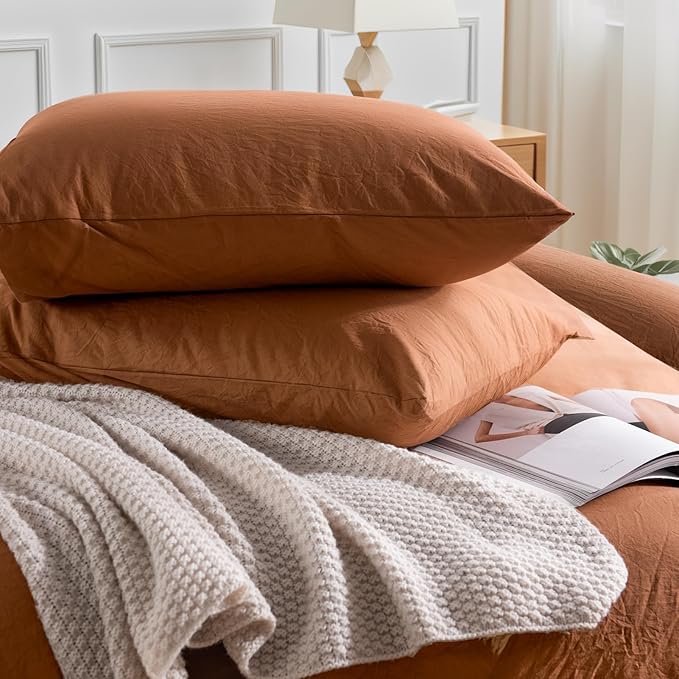 NEXHOME PRO Terracotta Burnt Orange Duvet Cover Set Kids Twin Size Linen Look Textured Organic Natural 100% Washed Cotton Duvet Cover 2 Pieces Bedding Set Caramel with Zipper Closure (No Comforter)