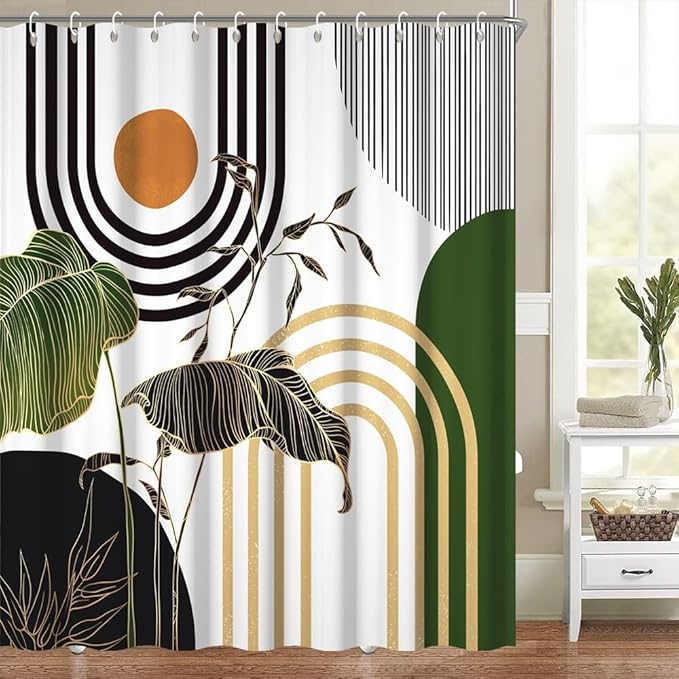 Mid Century Boho Shower Curtain for Bathroom Modern Abstract Minimalist Bathroom Decor Set Black Gold Leaf Sun Arch Bathtub Curtains Machine Washable Waterproof Polyester Fabric with Hooks 54x72 Inch