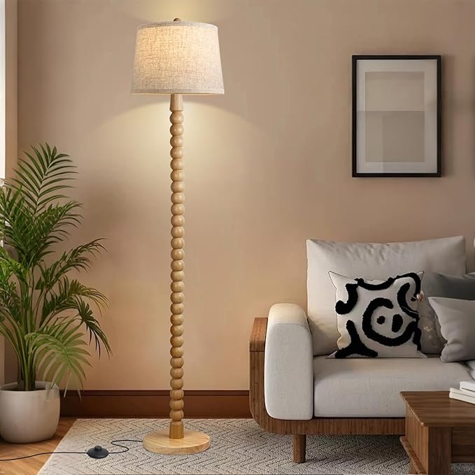 Real Wood Floor Lamp for Living Room,Real Wood Standing Lamp with 3 Color Changing Bulb Included, Tall Lamp with Linen Shade,Farmhouse Floor Lamp for Living Room,Bedroom,Corner,Dining Room and Office