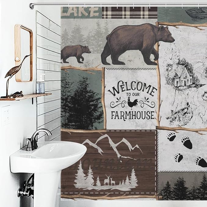Rustic Cabin Vintage Bear Shower Curtain Country Lodge Deer Mountain Forest Farmhouse Waterproof Shower Curtains for Bathroom Decor 12 Pack Hooks 72x72in (183x183cm)