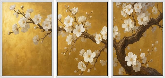 wall26 Framed Canvas Print Wall Art Set Golden Cherry Blossom Tree Elegant Floral Illustrations Fine Art Decorative Rustic for Living Room, Bedroom, Office - 24"x36"x3 White