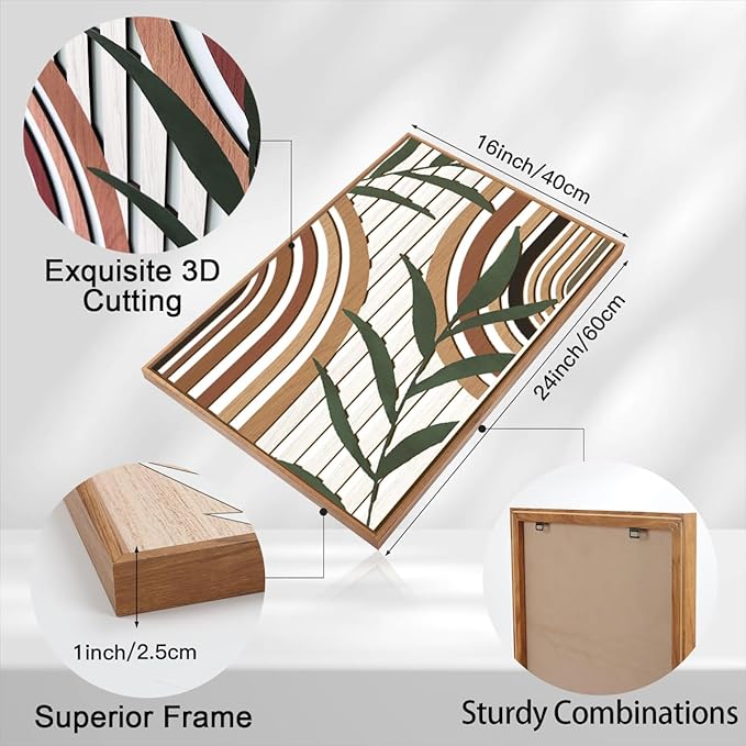 DRACIT Large Boho Mid century Wood Wall Art Set,Modern Geometric Leaves Artwork Bohemian Wall Sculptures,Abstract Minimalist Wooden Wall Decor for Living Room Bedroom Office-16 x24 x3