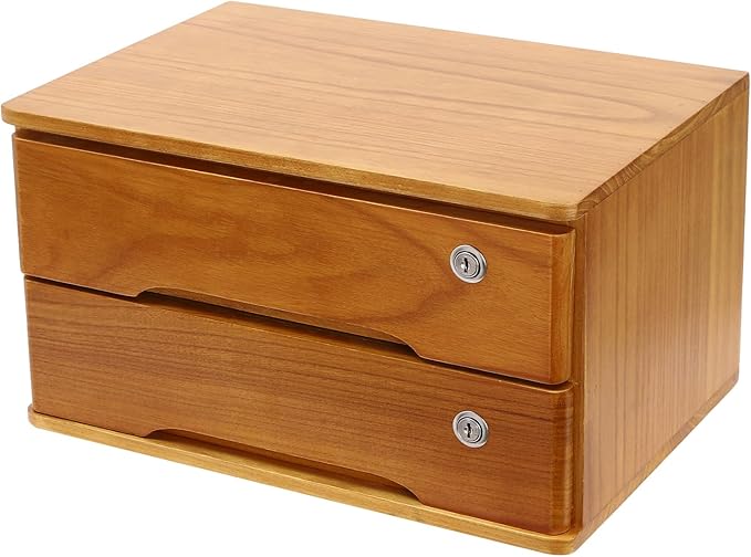 Desktop File Organizer with Lock, 2/3/4 Tier Multi-Drawer Wooden Storage Cabinet, Office Supply Organizer for Home Desk, Study & Workplace (Brown, 2 Layers)