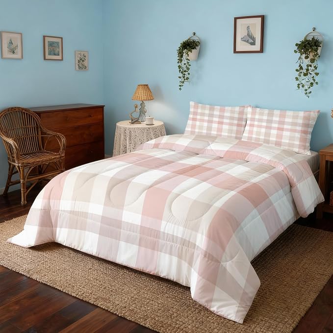 Pink Checkered Queen Size Comforter Sets 3 Piece, Buffalo Check Printed Pattern, Soft All Season Bed Comforter & 2 Pillow Sham, Farmhouse Plaid Bedroom Decor Reversible Bedding D-GM4