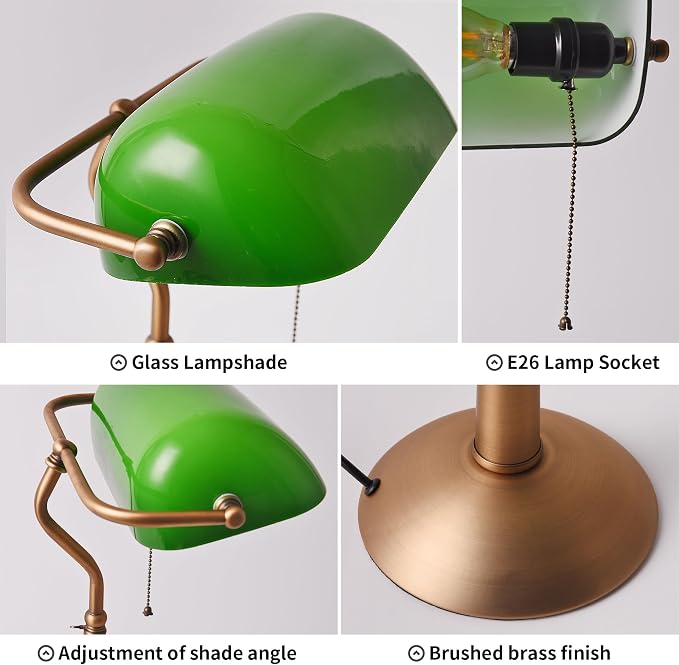 COSYLUX Tall Bankers Lamp, Vintage Sleek Green Glass Table Lamp with Pull Switch, Antique Bronze Metal Bankers Desk Lamp for Office, Study Room, End Table, Bedside (Green)