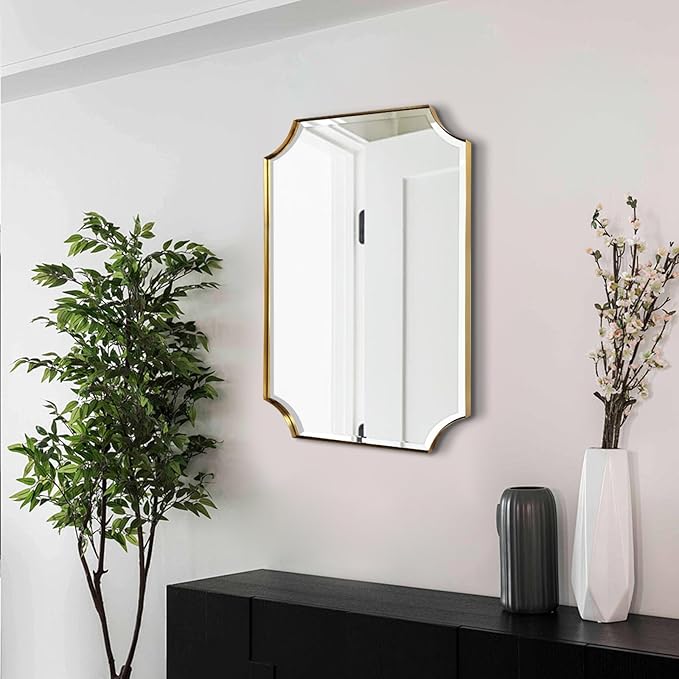 POZINO Brushed Gold Beveled Mirror, 22"x30" Brass Bathroom Vanity Mirror for Over Sink, Modern Rounded Rectangle Mirrors for Bedroom Living Room Fireplace Entryway, Hangs Horizontal Or Vertical