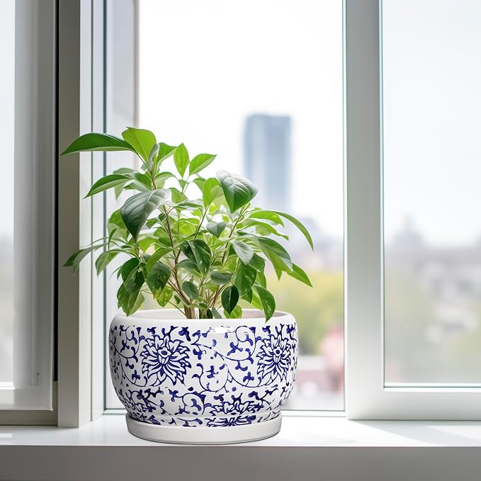 SQOWL Ceramic Pots for Plants - 10 Inch Ceramic Flower Pots with Drainage Hole and Saucer, Round Large Planter Indoor, Decorative Porcelain Planter Outdoor, Home Decor, Birthday Gifts, Blue and White